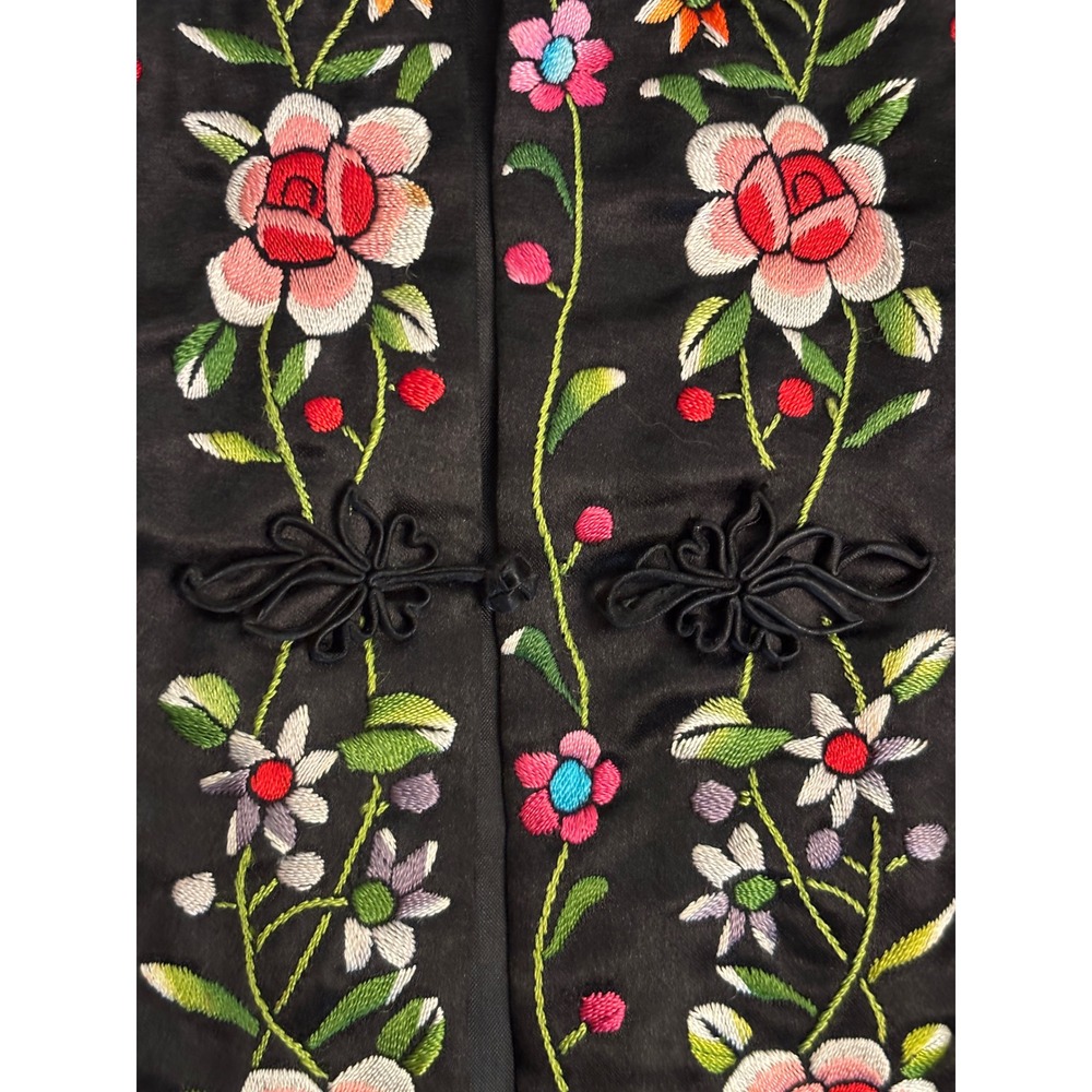 Vintage Plum Blossoms Silk Embroidered Jacket Black Floral Bird Mandarin Size 34 - Picture 7 of 9